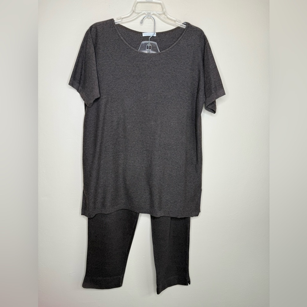 Joan Vass Dark Brown Cotton Knit Short Sleeve Top and Pants Set Size 12/14